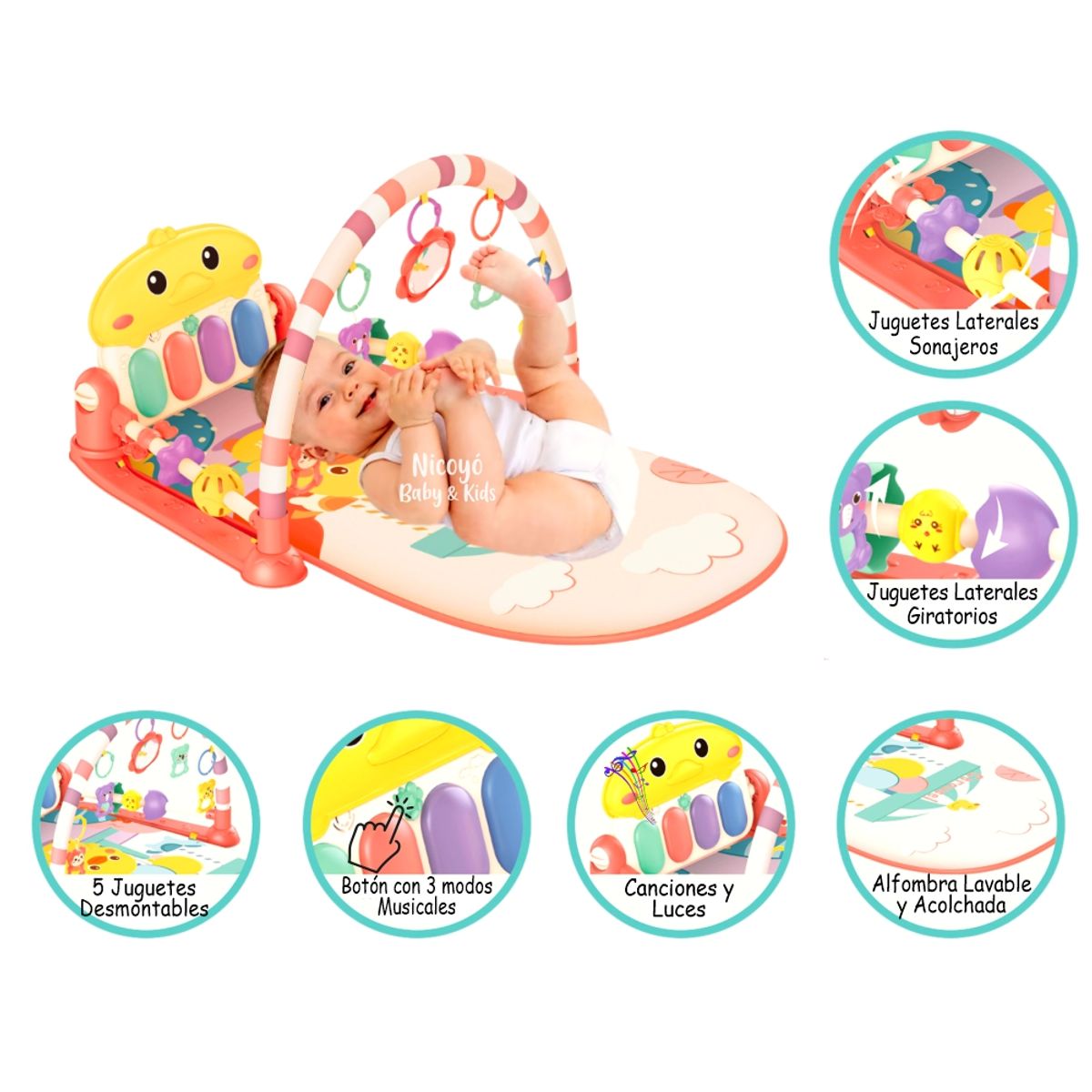 BIBI - Gimnasio Bebé 3 en 1 con Piano Musical y Luces- Patito Coral