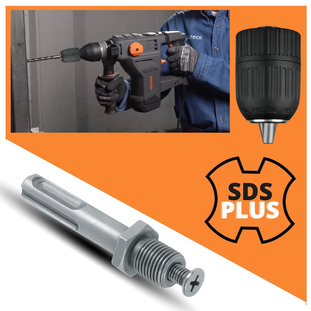 PRETUL - kit mandril broquero sin llave uso automático adaptador taladro SDS