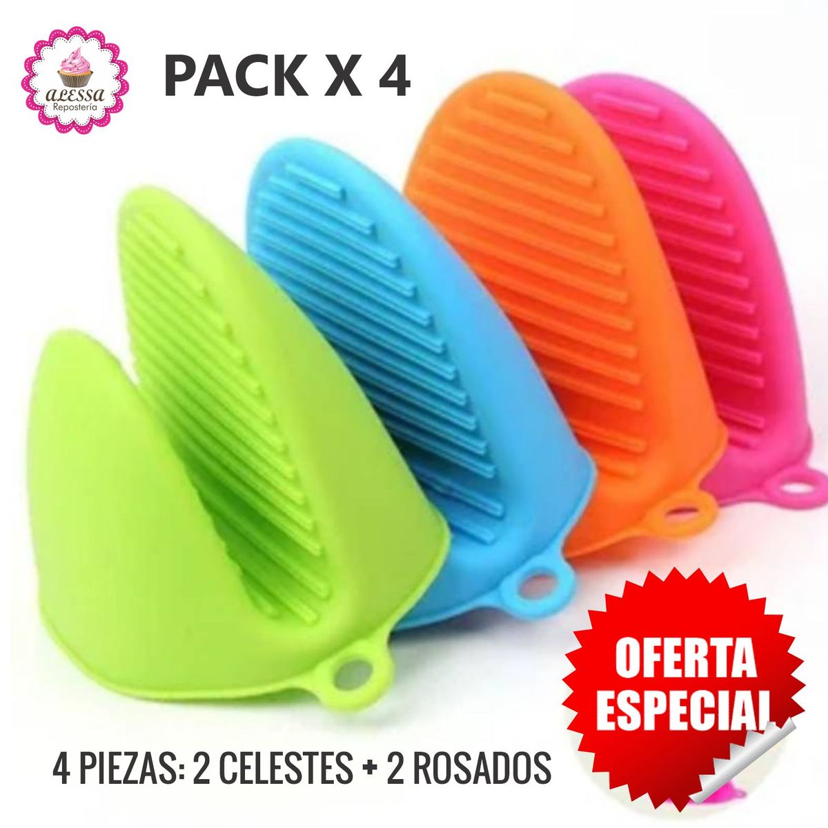 GENERICO - Pack x4 Guantes para Horno de Silicona Manoplas Para Cocina Repostería