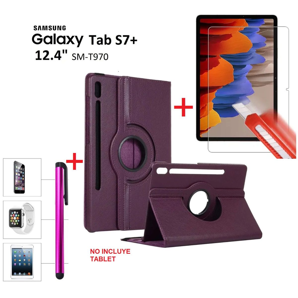GENERICO - Case + Mica + Lapiz para Samsung Tab S7+ Plus 12.4 SM-T970 Flip Cover