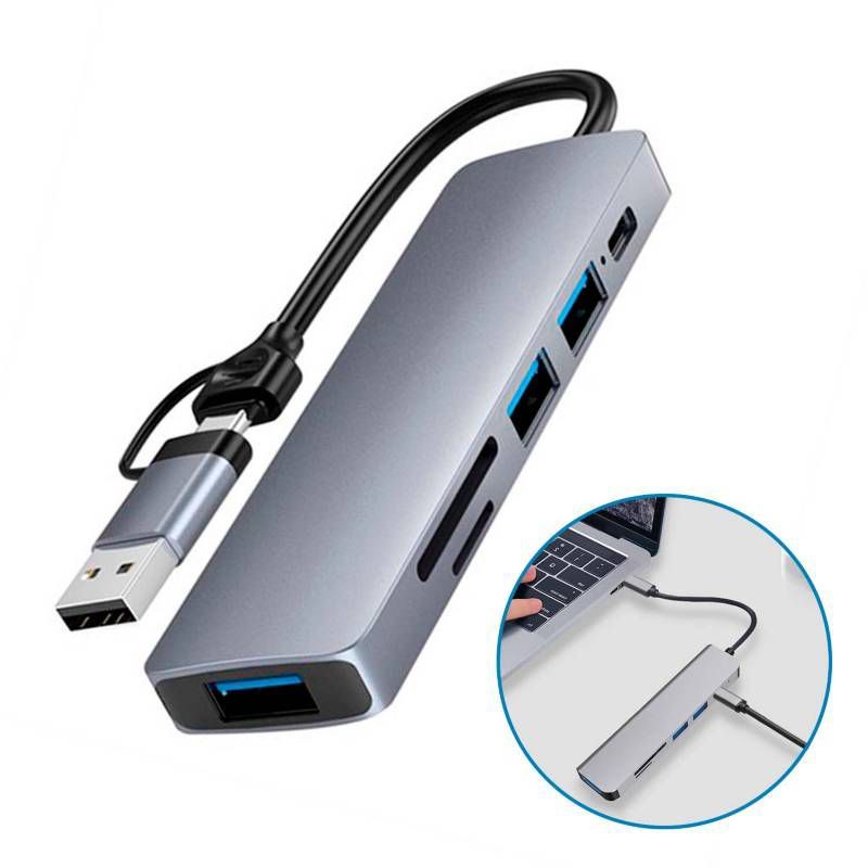 GENERICO - Adaptador Múltiple 6 EN 1 con entrada tipo C y USB Puertos PC, Android