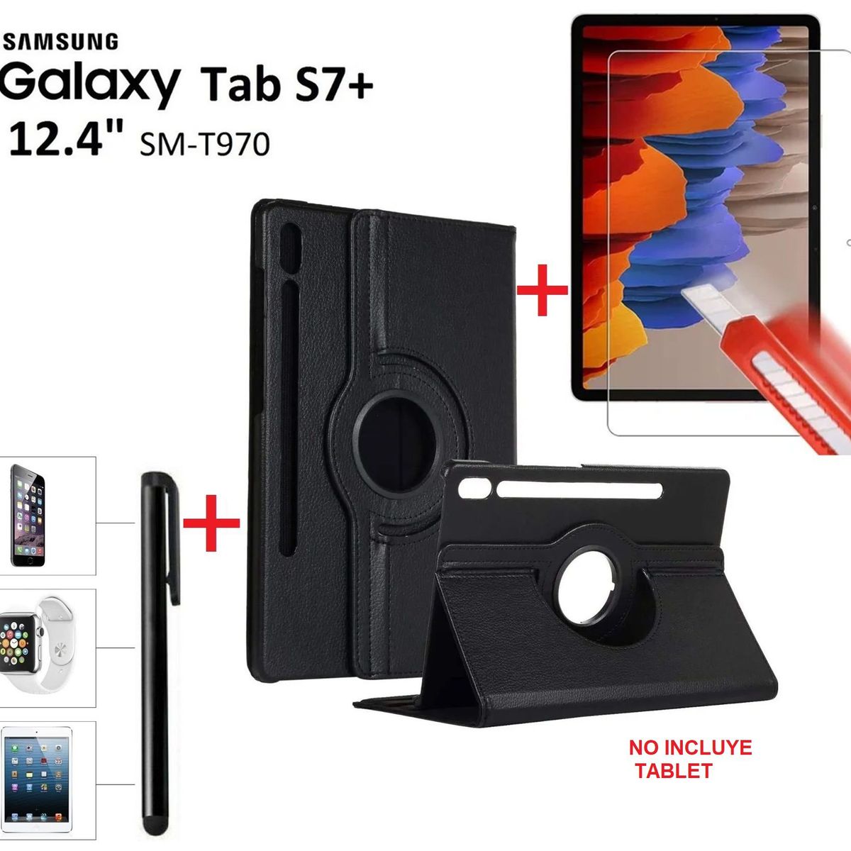 GENERICO - Case + Mica + Lapiz para Samsung Tab S7+ Plus 12.4 SM-T970 Flip Cover