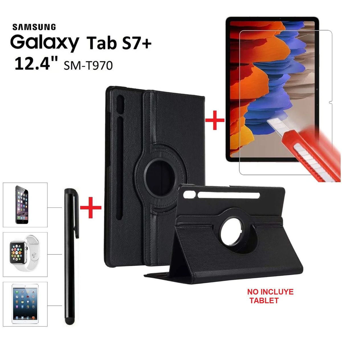 GENERICO - Case + Mica + Lapiz para Samsung Tab S7+ Plus 12.4 SM-T970 Flip Cover