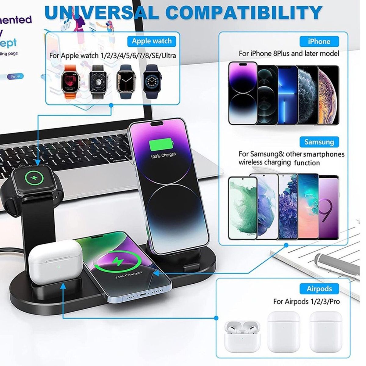 GENERICO - Cargador inalámbrico 6 en 1 -uv05 - móvil-ios y android - Color Blanco