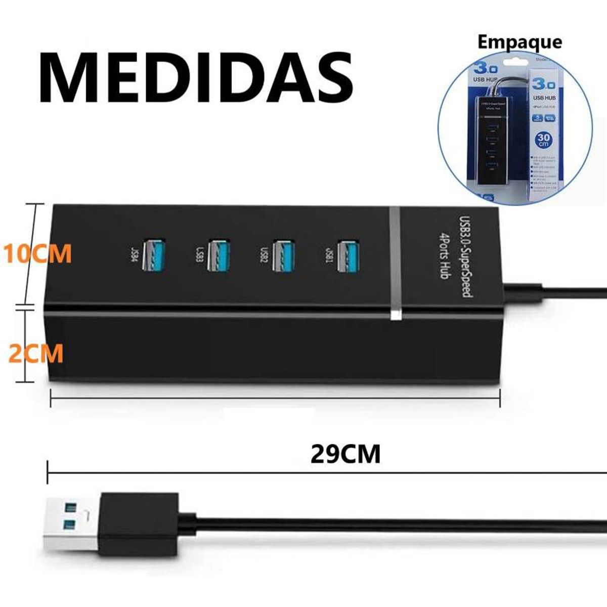 GENERICO - Adaptador Mini Hub 4 EN 1 USB 3.0 Puertos alta velocidad  PC, Android