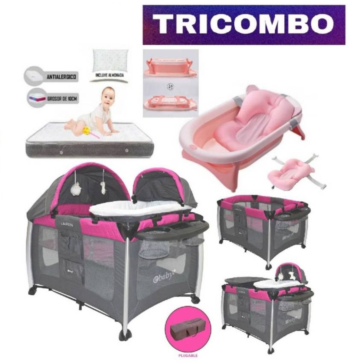 EBABY - Cuna Corral Lauren Rosa y Colchón Plomo y Tina Rosado