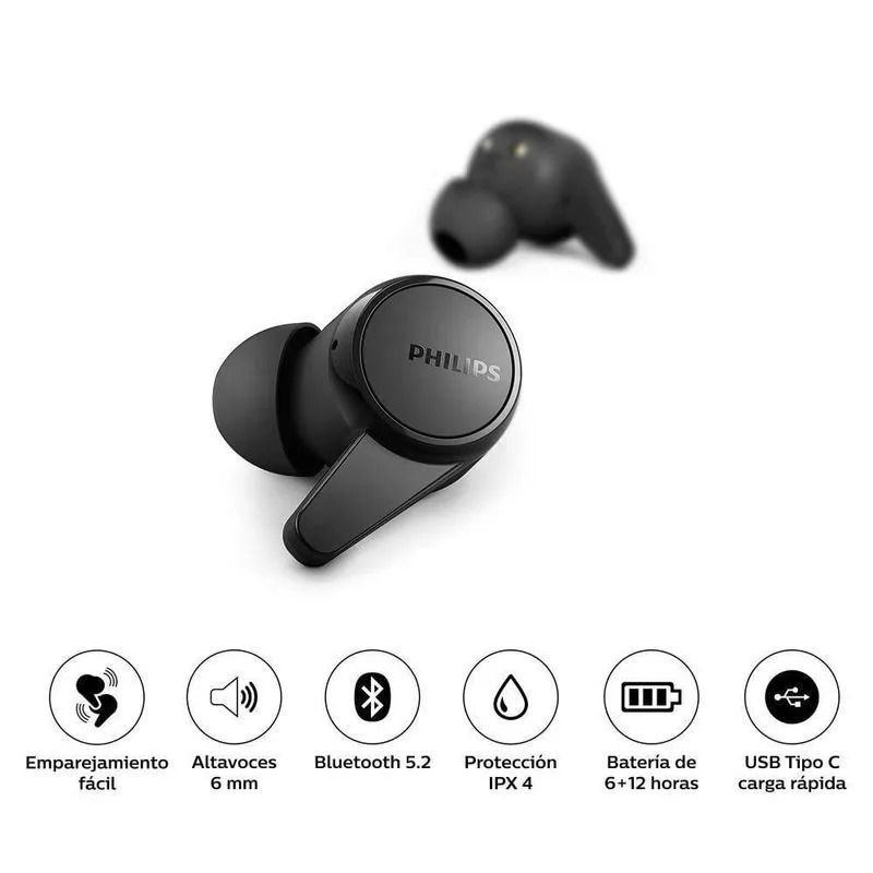 PHILIPS - AUDIFONO CMICROF PHILIPS TRUE WIRELESS TAT1207BK BT 18H IPX4 USB-C NEGRO