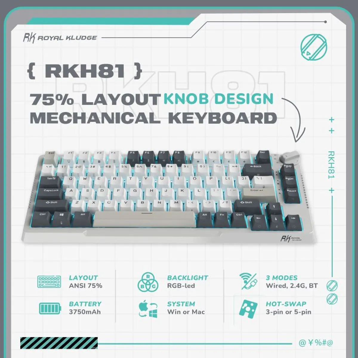 ROYAL KLUDGE - Teclado mecánico RK H81 color blanco