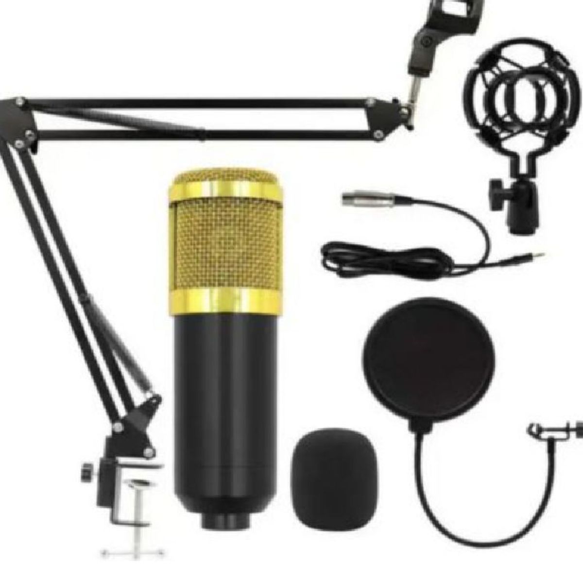 GENERICO - KIT MICRÓFONO CONDENSADOR PROFESIONAL CON SOPORTE NEGRO CON DORADO