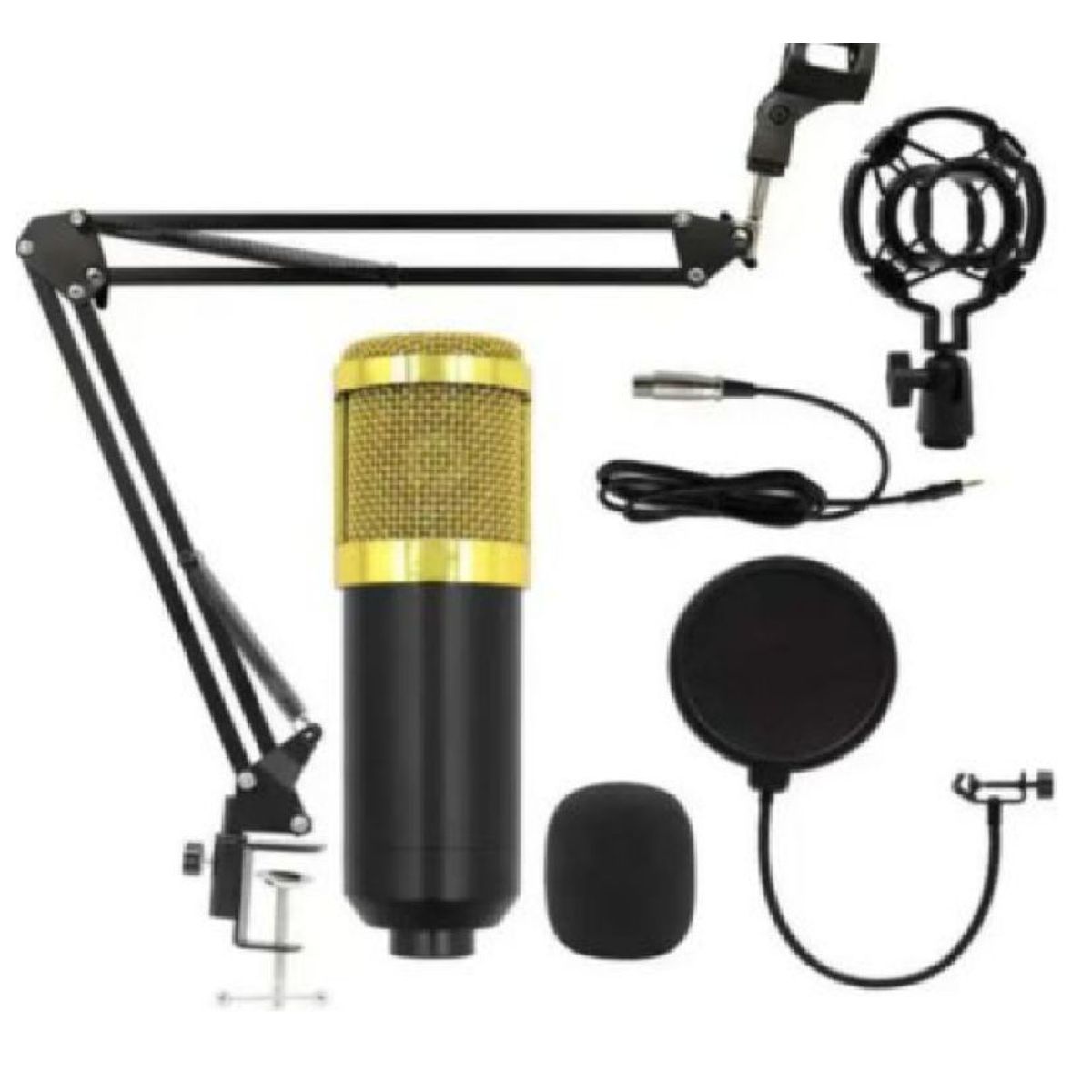 GENERICO - KIT MICRÓFONO CONDENSADOR PROFESIONAL CON SOPORTE NEGRO CON DORADO
