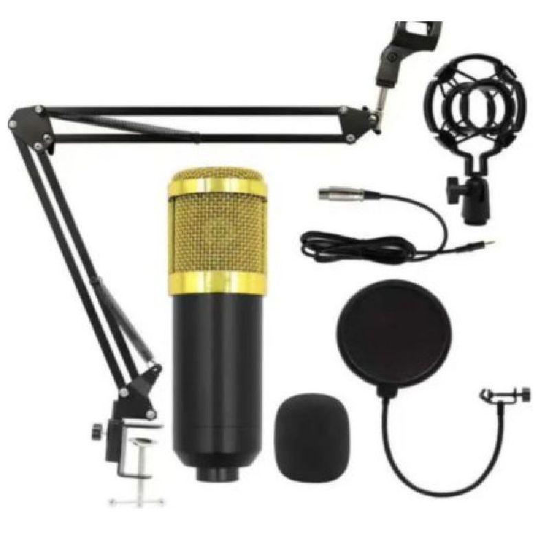 GENERICO - KIT MICRÓFONO CONDENSADOR PROFESIONAL CON SOPORTE NEGRO CON DORADO