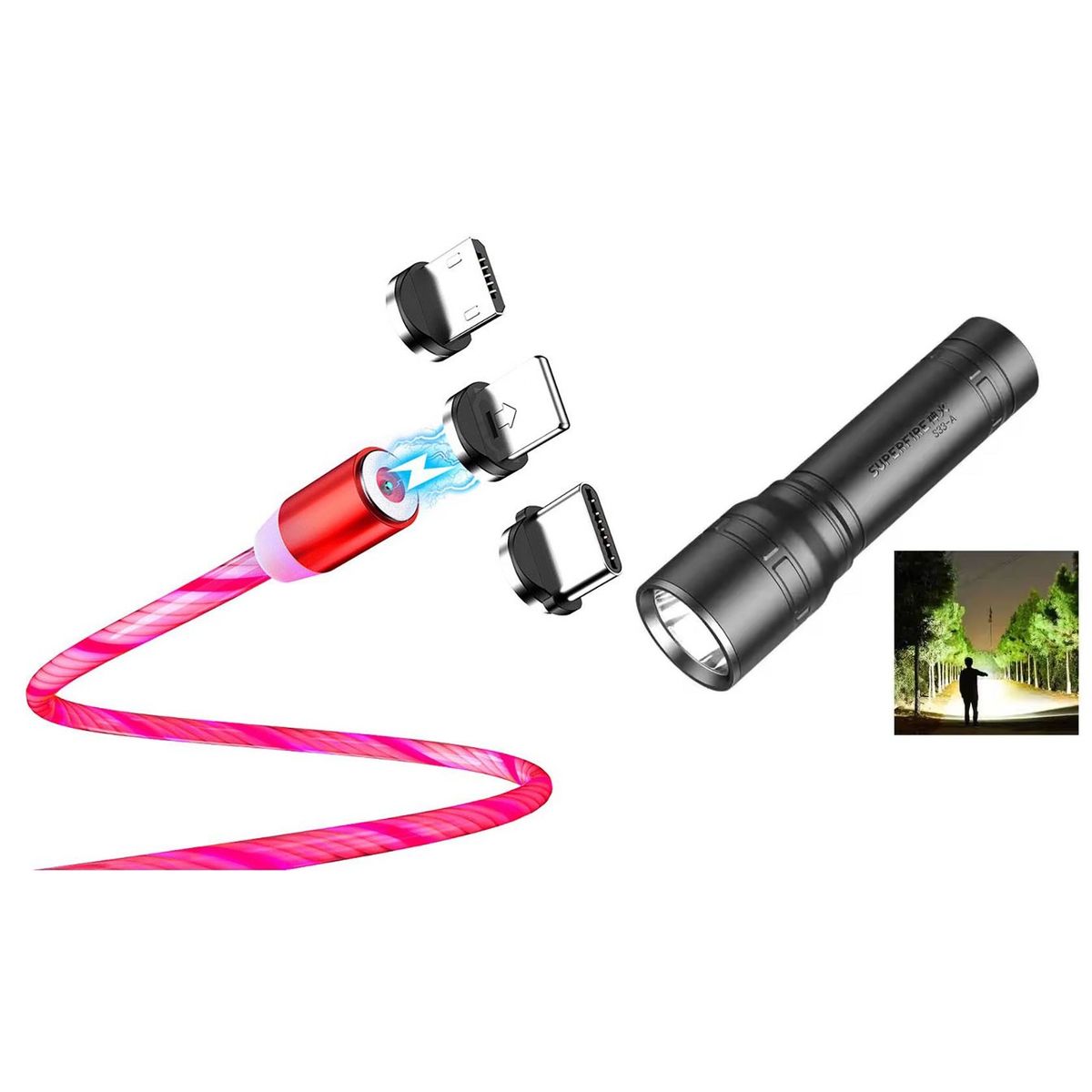 GENERICO - Cable Cargador Led Magnético 3 en 1+Linterna LED mini recargable