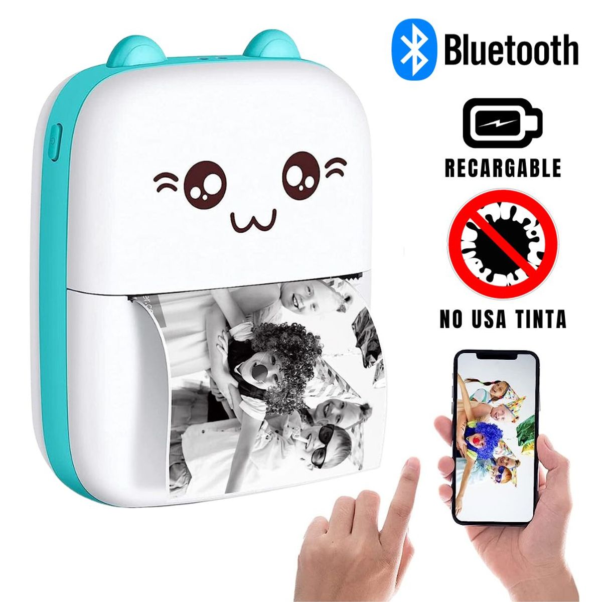 GENERICO - Mini Impresora Kawai Térmica Inalámbrica Recargable Celeste