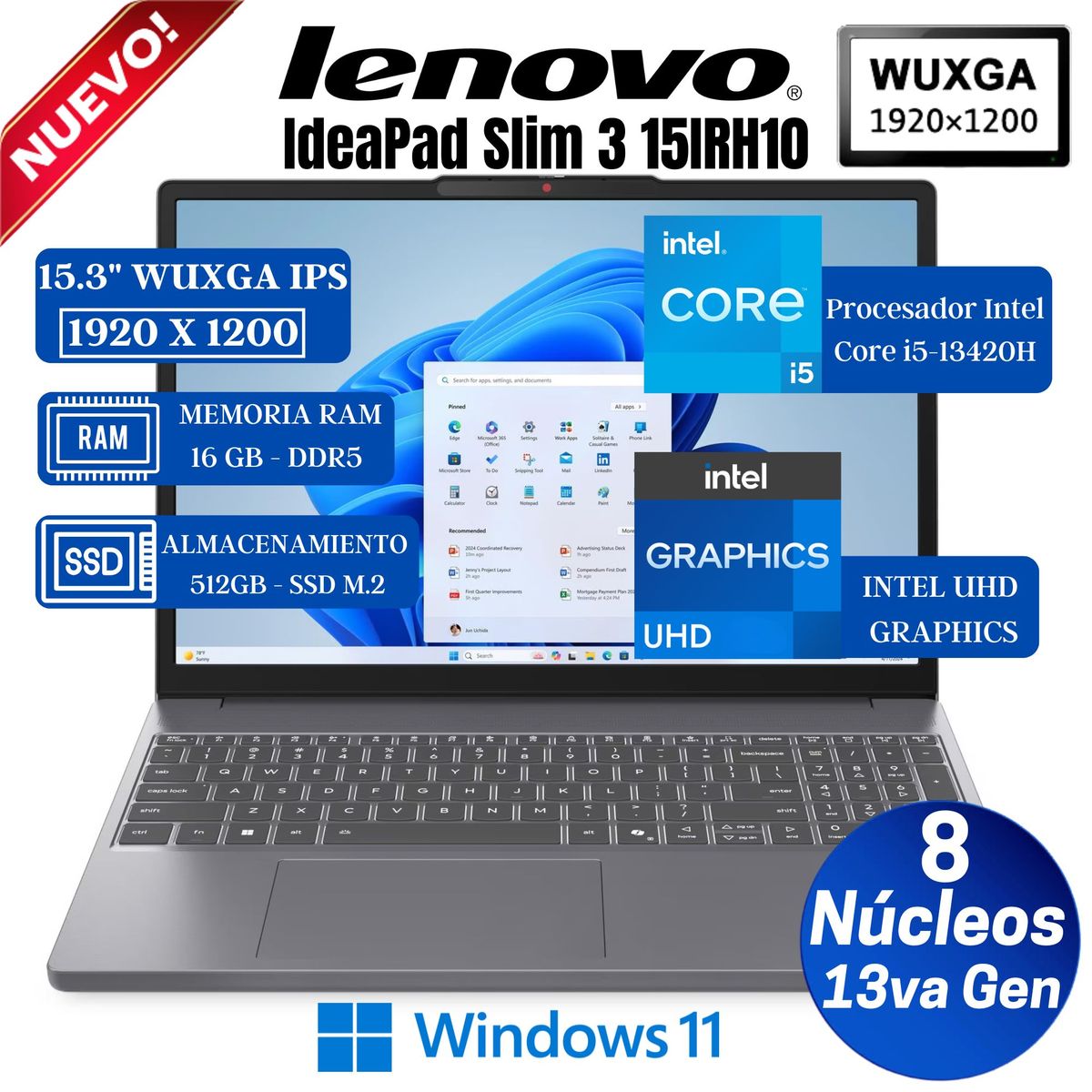 LENOVO - Laptop Lenovo IdeaPad Slim 3 15IRH10 15.3" WUXGA IPS, Core i5-13420H, Ram 16GB, SSD 512GB, Win 11