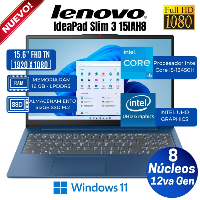 LENOVO - Laptop Lenovo IdeaPad Slim 3 15.6" FHD TN, Core i5-12450H, 12va Gen, Ram 16GB, SSD 512GB, Free Dos