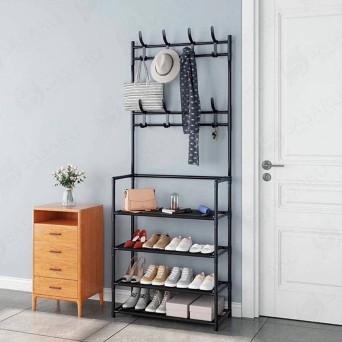 GENERICO - Zapatera organizadora 4 niveles con percheros negro. 5 niveles.