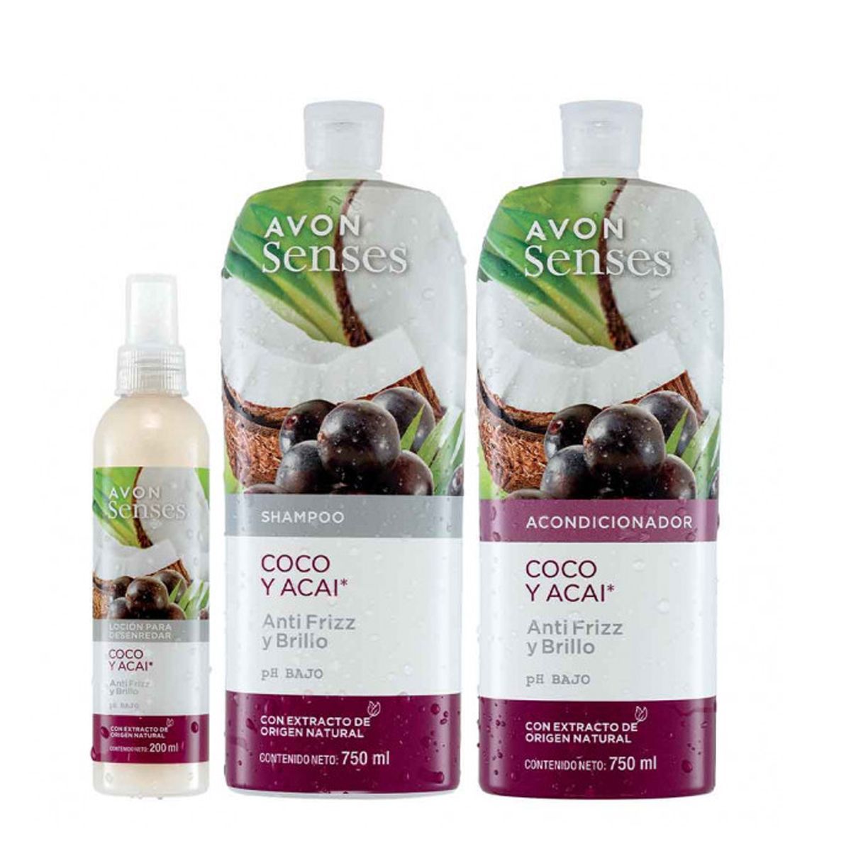 AVON - Shampoo Acondicionador y Spray Capilar Coco y Acai Avon Senses