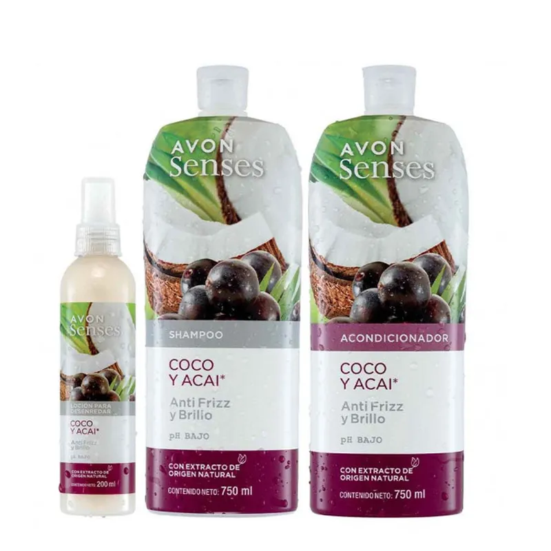 AVON - Shampoo Acondicionador y Spray Capilar Coco y Acai Avon Senses
