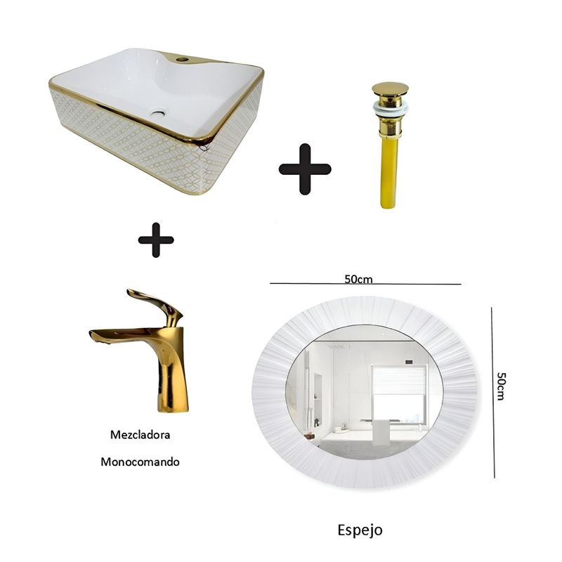 GENERICO - COMBO DE LAVATORIO RECTANGULAR MAS MEZCLADORA DORADO DESAGUE ESPEJO