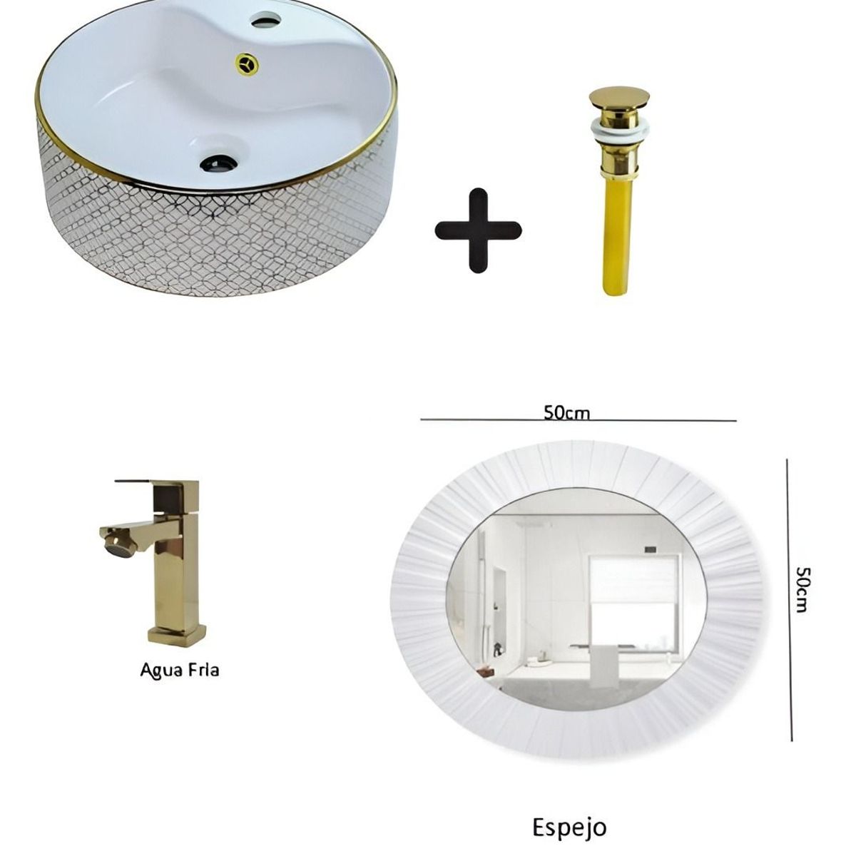IMPORTADO MC - COMBO DE LAVATORIO REDONDO MAS GRIFERIA DORADO DESAGUE ESPEJO