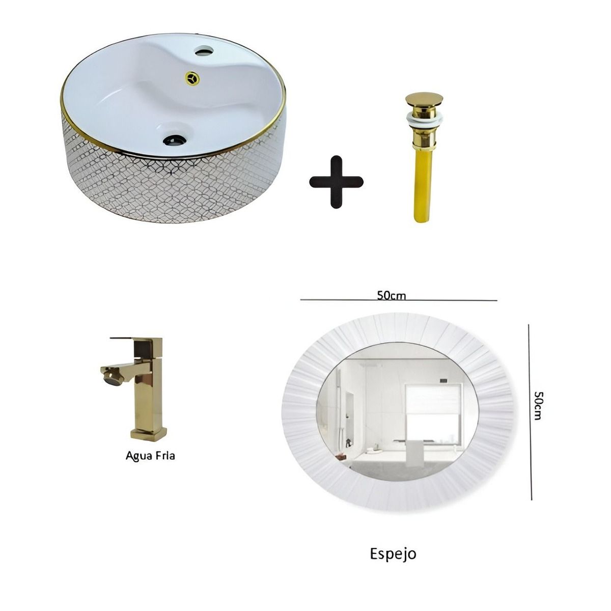 IMPORTADO MC - COMBO DE LAVATORIO REDONDO MAS GRIFERIA DORADO DESAGUE ESPEJO