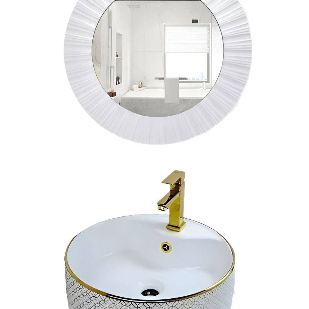 IMPORTADO MC - COMBO DE LAVATORIO REDONDO MAS GRIFERIA DORADO DESAGUE ESPEJO