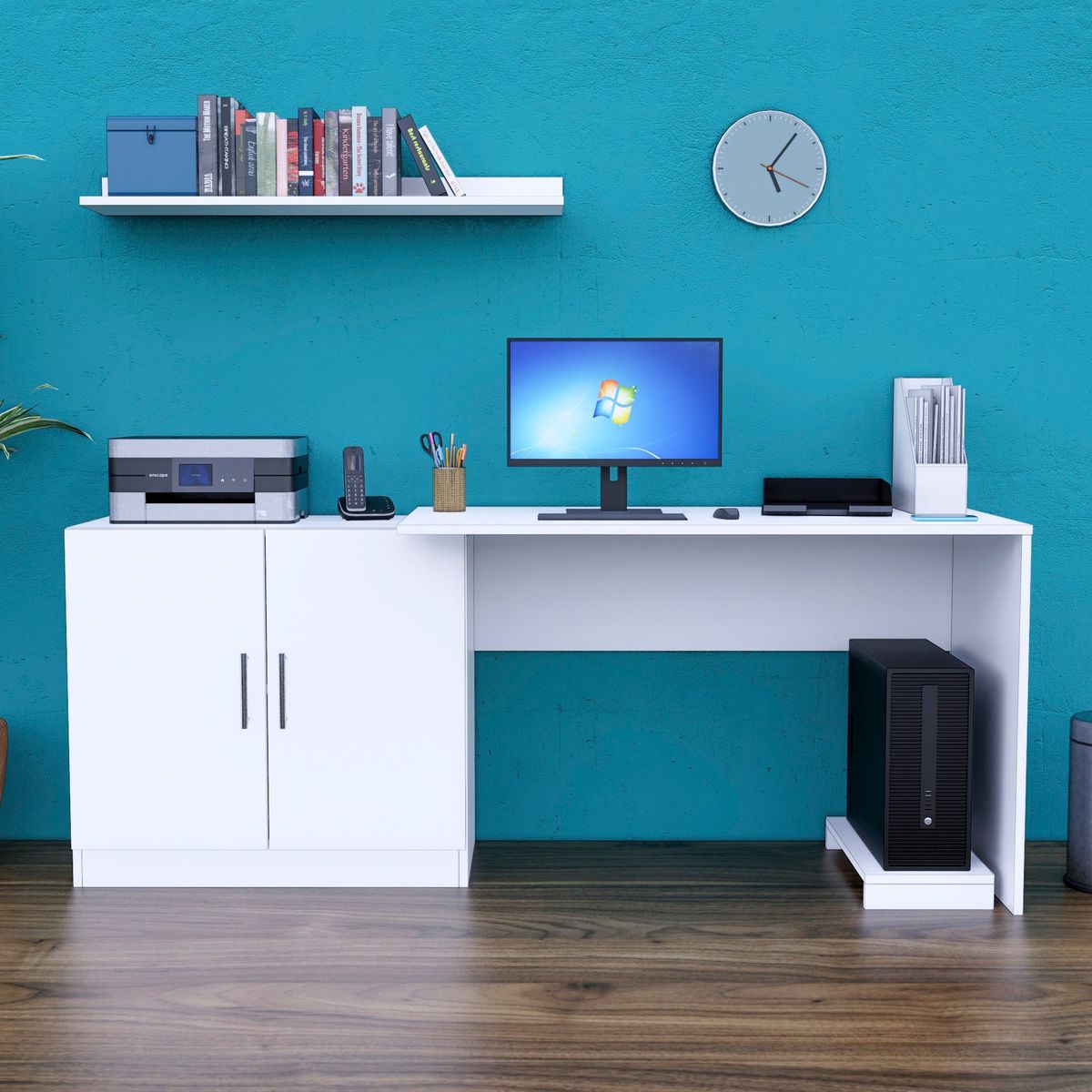 MOVENDA - Escritorio con Repisa y Porta CPU Clara 188cm 2 Puertas Movenda Blanco