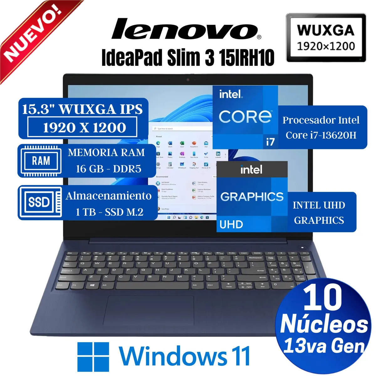 LENOVO - Laptop Lenovo IdeaPad Slim 3 15IRH10 15.3" WUXGA IPS, Core i7-13620H, Ram 16GB, Ssd 1 TB, Win 11 Pro