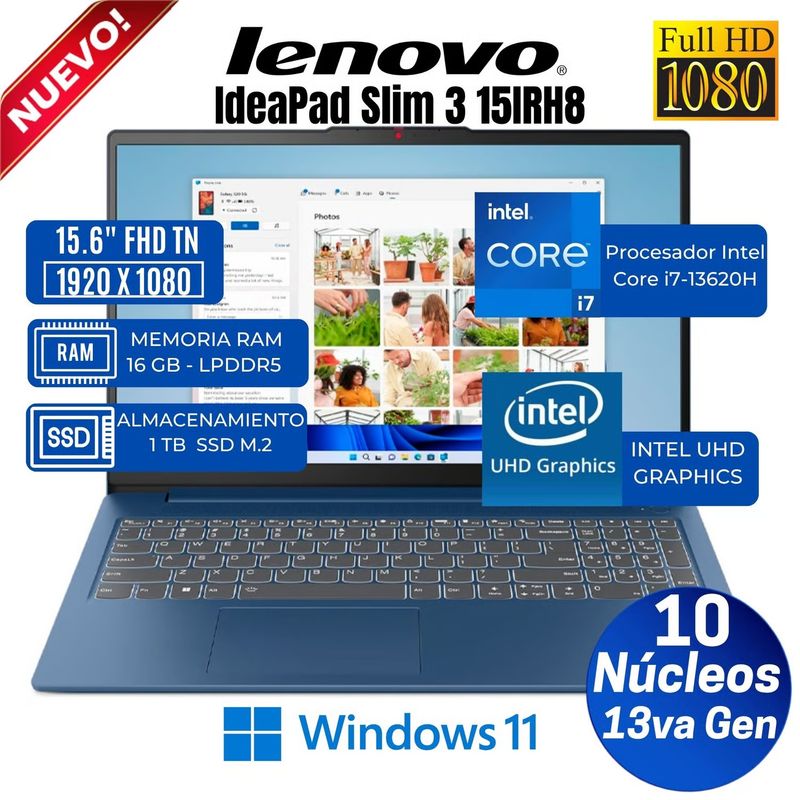LENOVO - Laptop Lenovo IdeaPad Slim 3 15IRH8 15.6" FHD TN,Core i7-13620H,Ram 16GB, Ssd 1 TB, Win 11 Pro