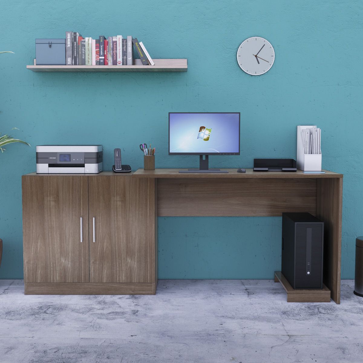 MOVENDA - Escritorio con Repisa y Porta CPU Clara 188cm 2 Puertas Movenda Gales