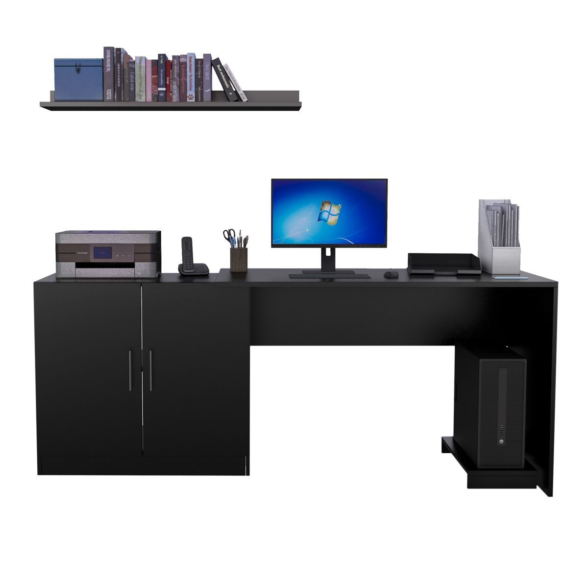 MOVENDA - Escritorio con Repisa y Porta CPU Clara 188cm 2 Puertas Movenda Negro