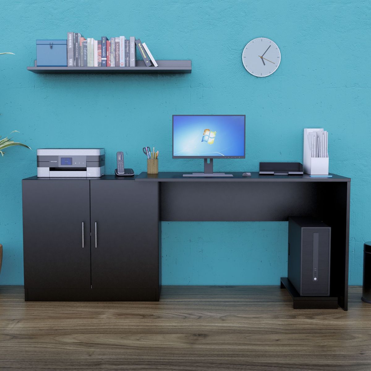 MOVENDA - Escritorio con Repisa y Porta CPU Clara 188cm 2 Puertas Movenda Negro