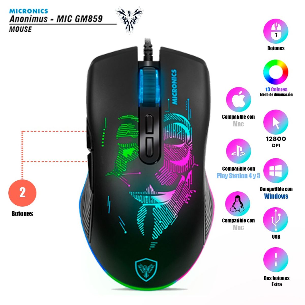 MICRONICS - MOUSE GAMER MICRONICS ANONIMUS MIC GM859 USB NEGRO