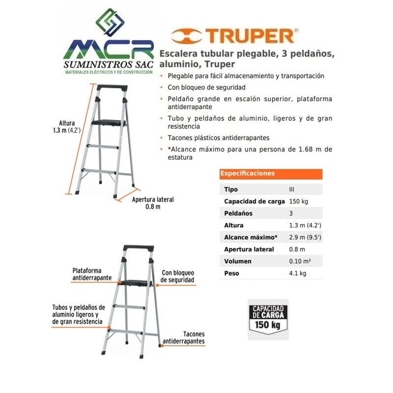 TRUPER - Escalera tubular plegable 3 peldaños aluminio Truper