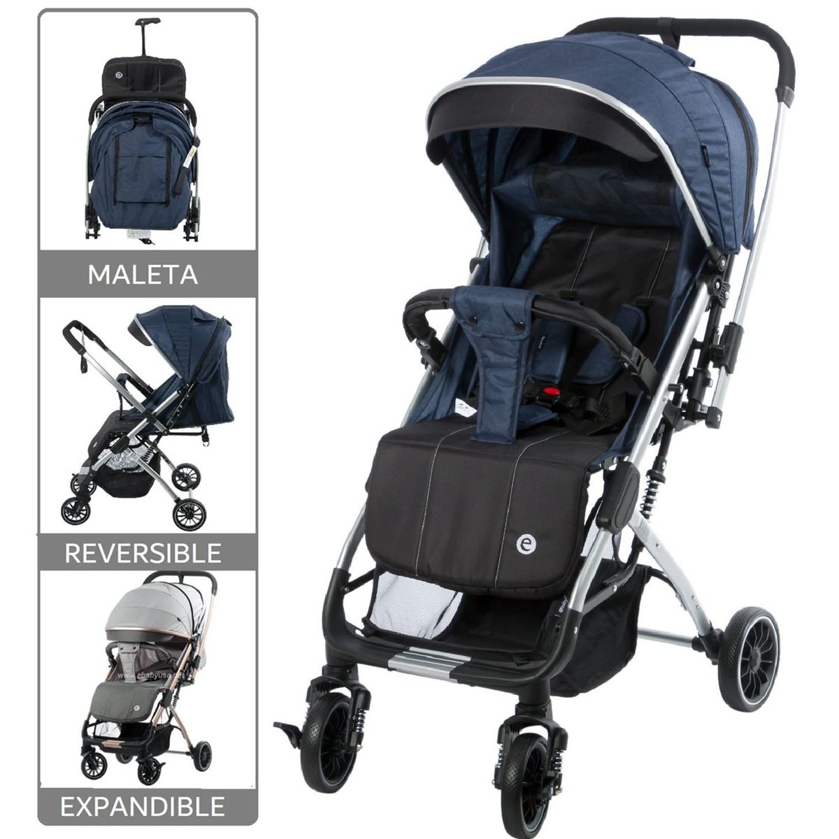 EBABY - Coche Cuna Maleta Mango Reversible Turin Azul