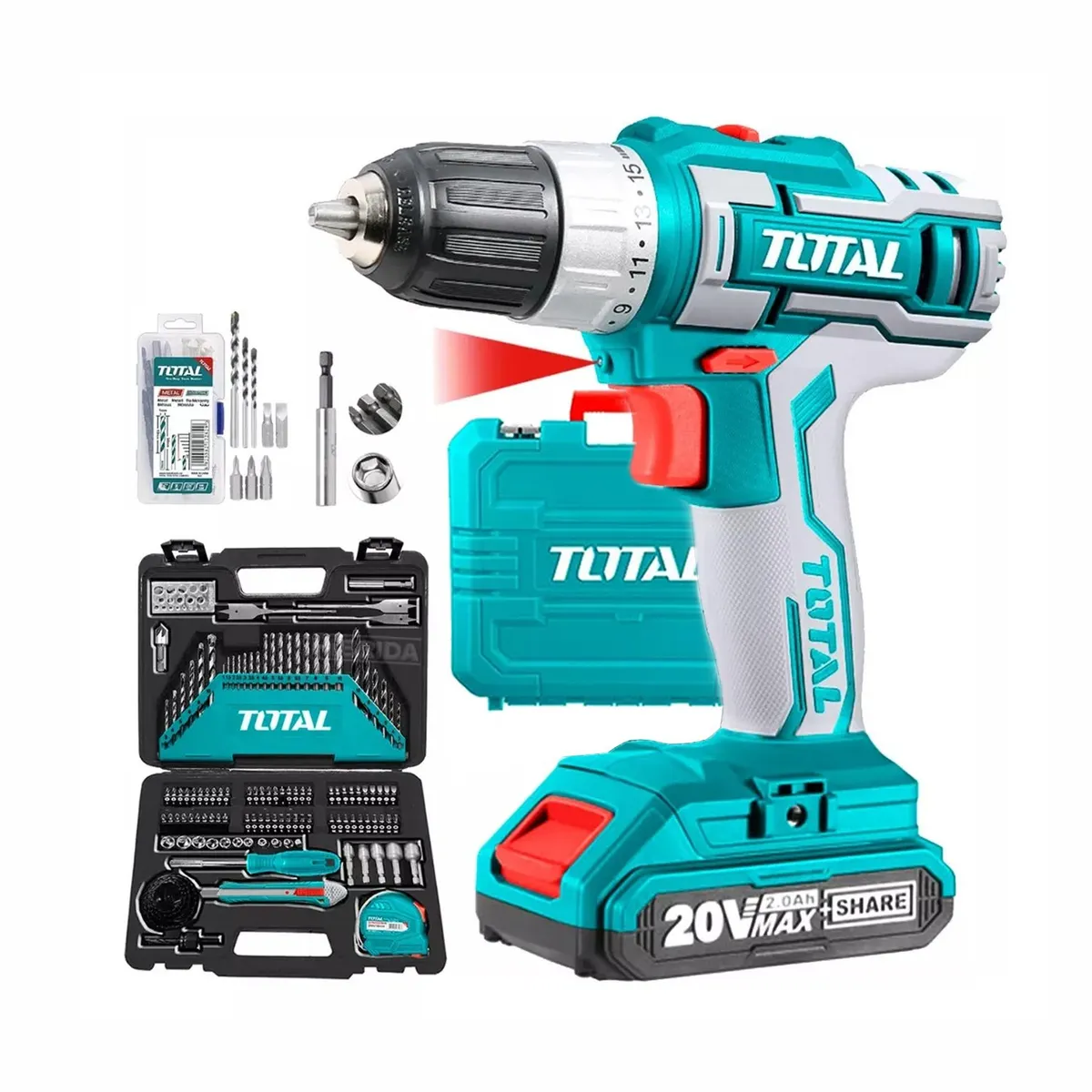 TOTAL TOOLS - TALADRO  ATORNILLADOR PORTÁTIL  3/8' Y  SET  HERRAMIENTAS TOTAL