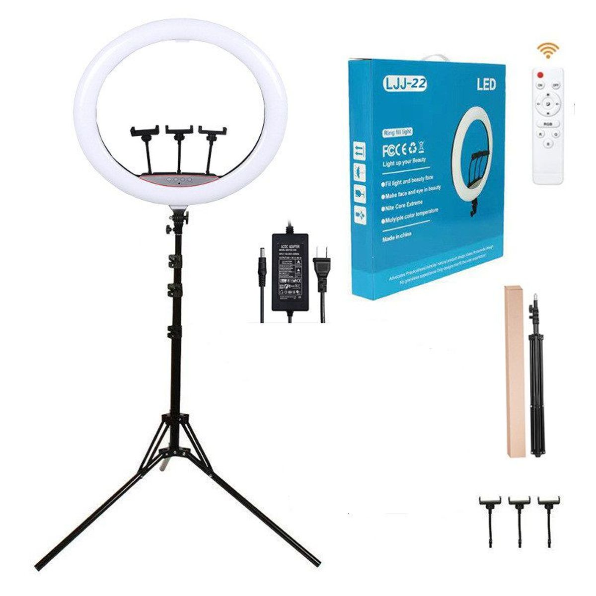 GENERICO - Aro Luz Led Touch 56 CM + Trípode + Control Remoto para 3 Celulares