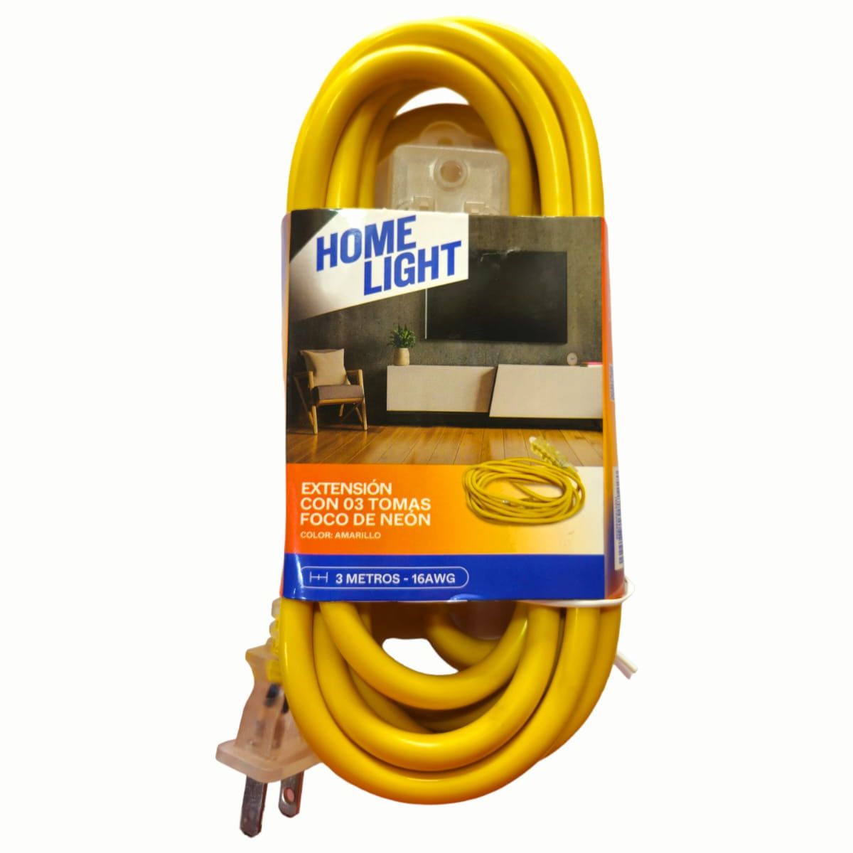 HOME LIGHT - Extensión Eléctrica Vulcanizado 3 Metros x 3 Tomas AMARILLO