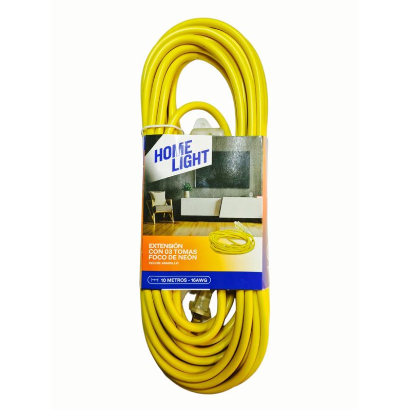 HOME LIGHT - Extensión Eléctrica Vulcanizado 10 Metros x 3 Tomas AMARILLO
