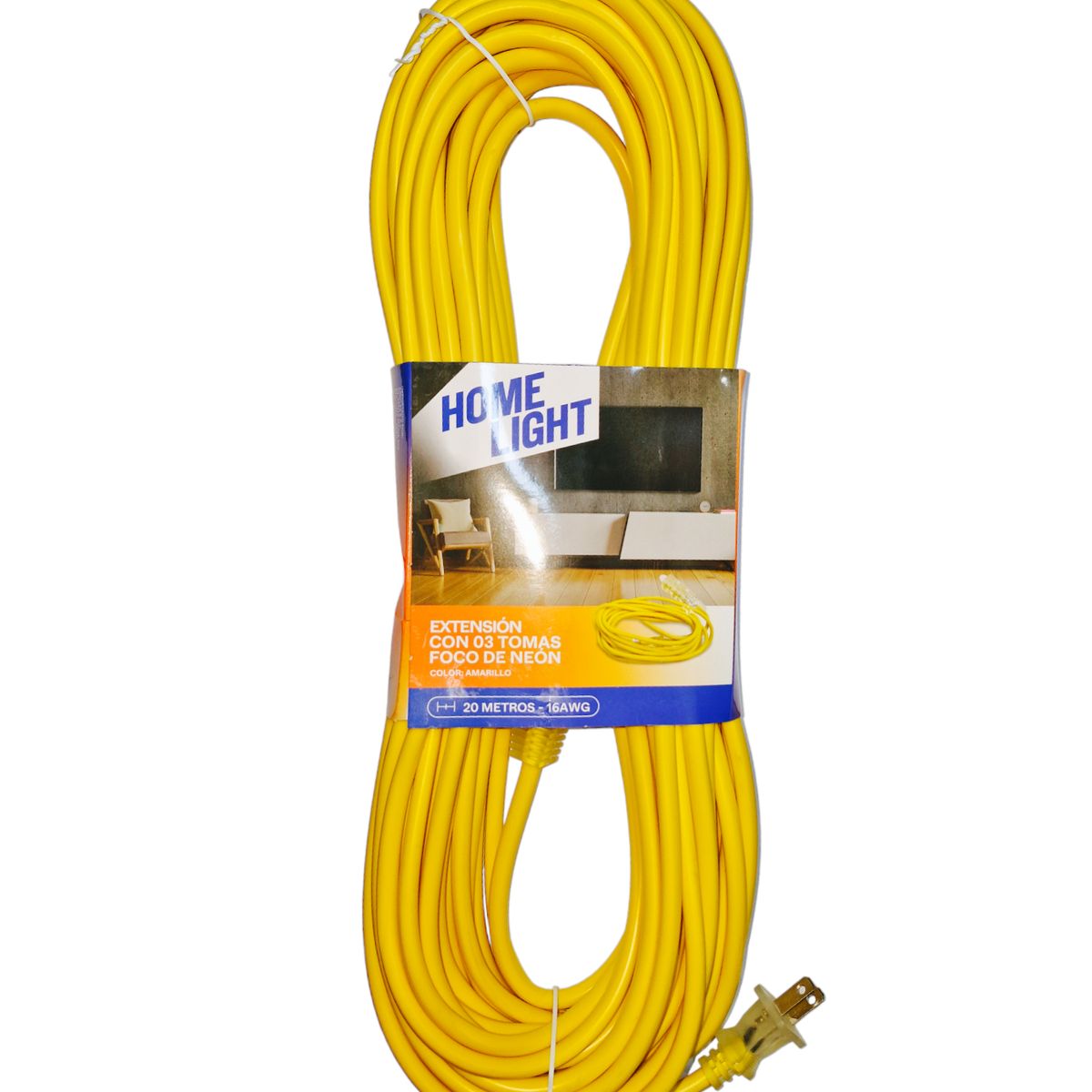 HOME LIGHT - Extensión Eléctrica Vulcanizado 20 Metros x 3 Tomas AMARILLO