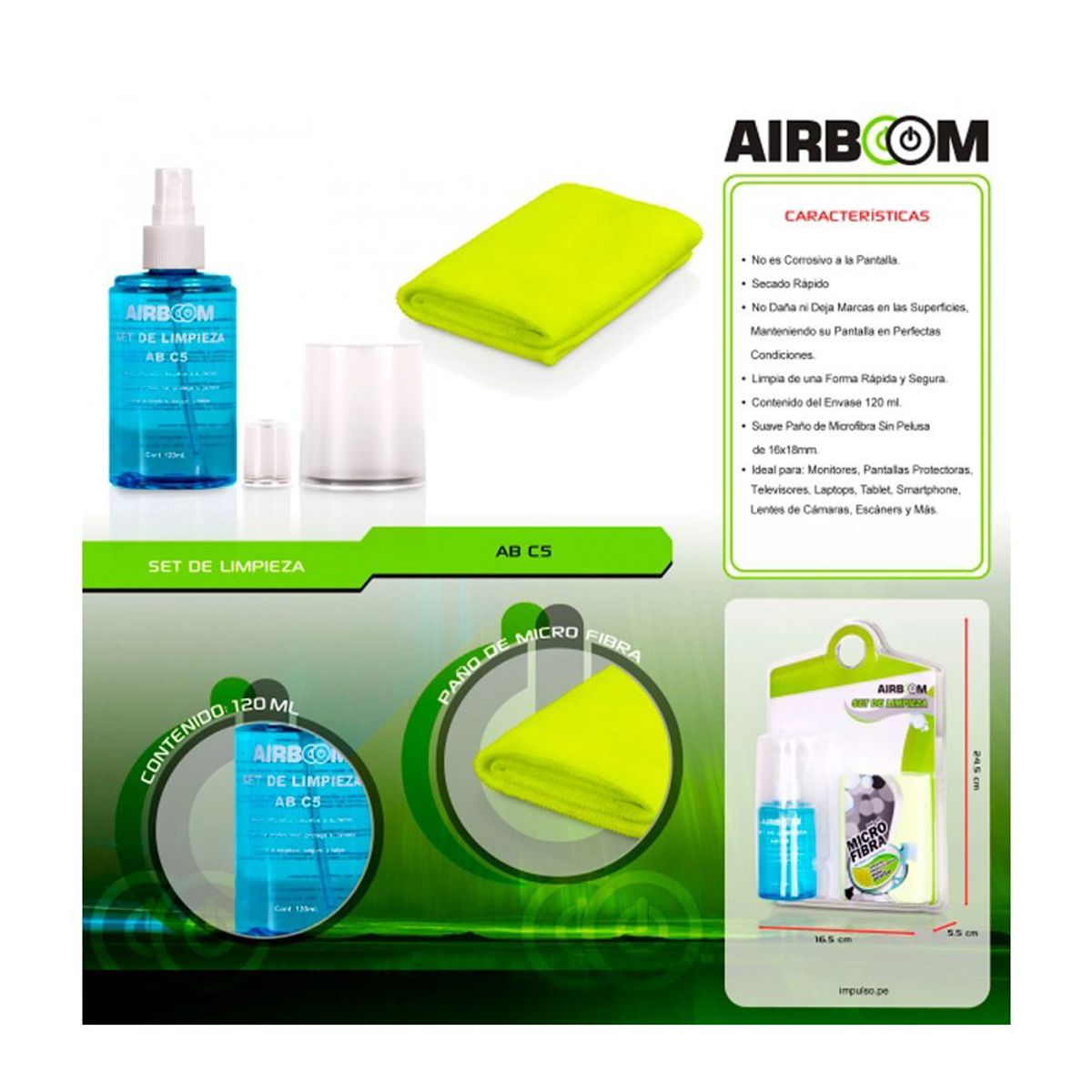 AIRBOOM - Kit de Limpieza Para Laptop Pantalla Tablet Celular tV120 Ml