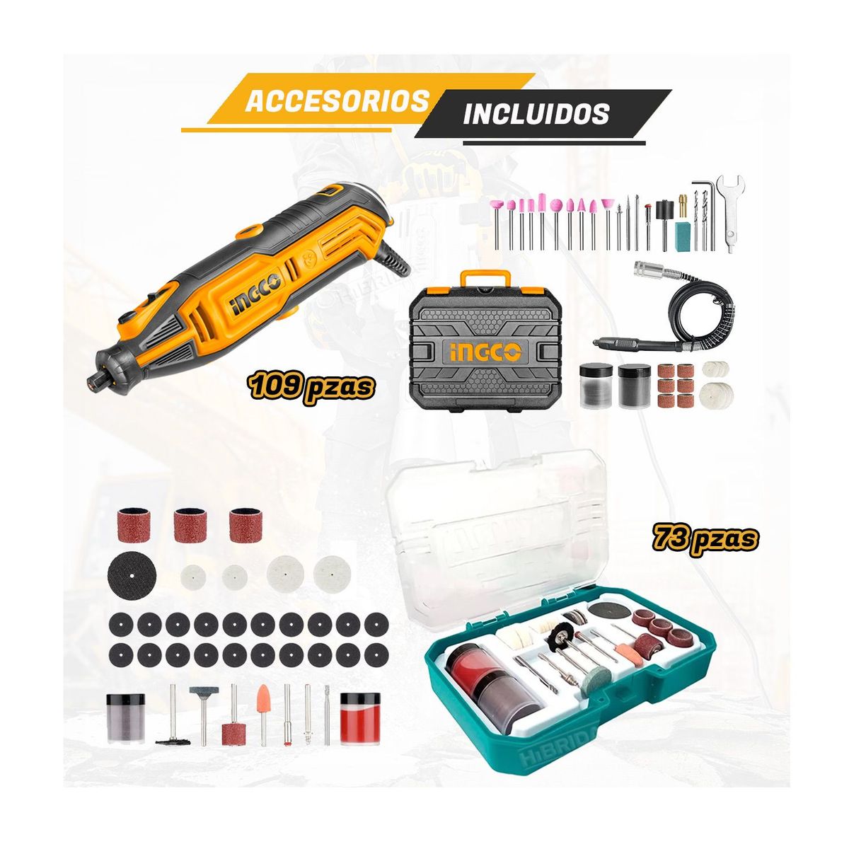 INGCO TOOLS - MNI GRINDER  130W TALADRO MULTIPROPÓSITO y SET 73PC INGCO