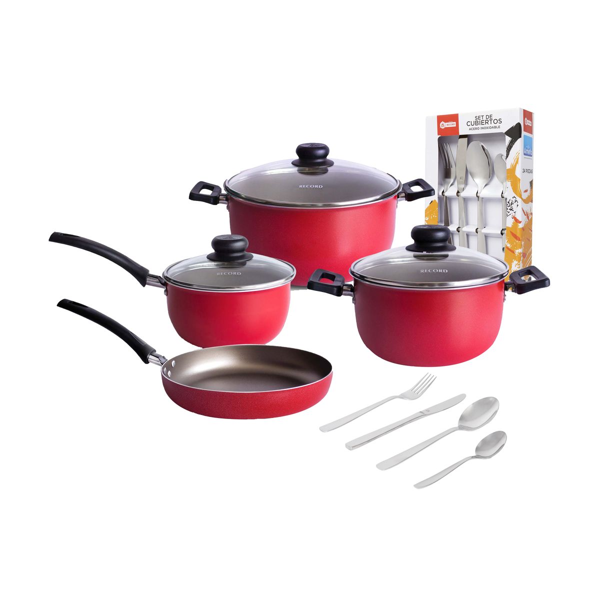 RECORD - Combo Juego de Ollas Deluxe 10 piezas y Set Cubiertos Basic 24 piezas
