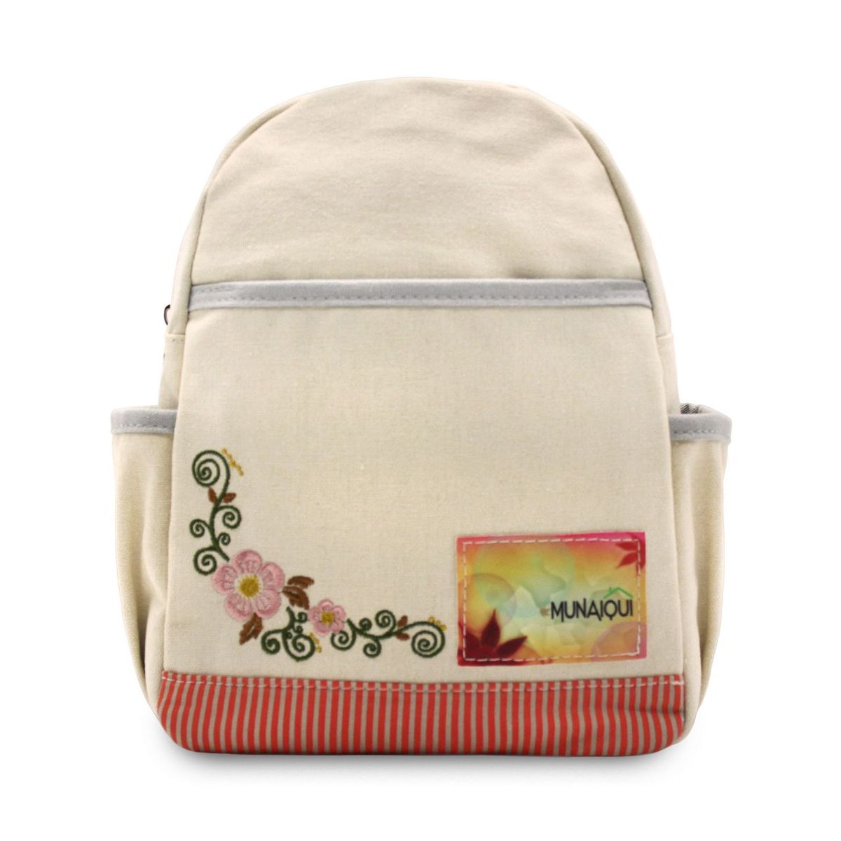 MUNAIQUI - Mochila Pequeña con Flores Color Beige de lona algodonada