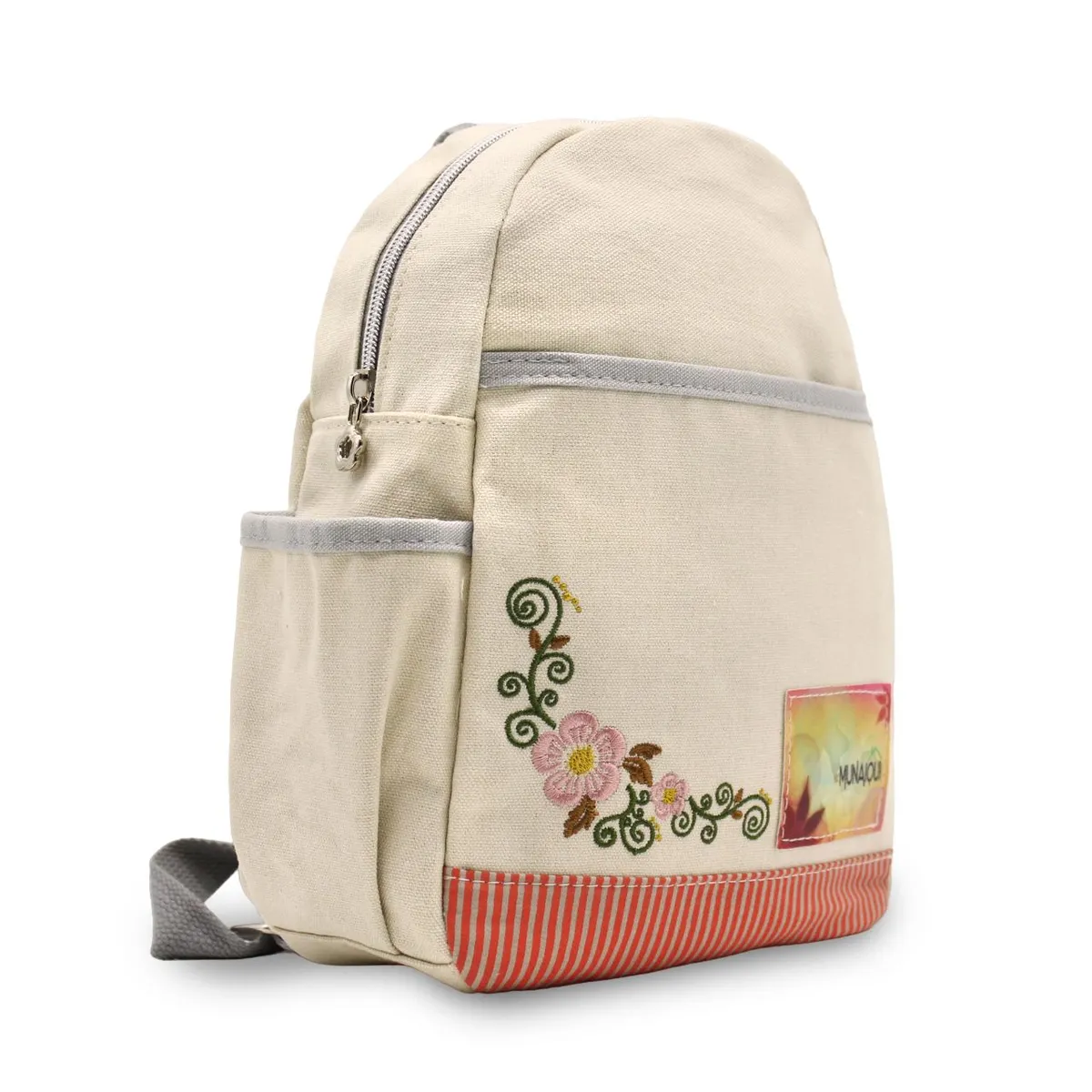 MUNAIQUI - Mochila Pequeña con Flores Color Beige de lona algodonada
