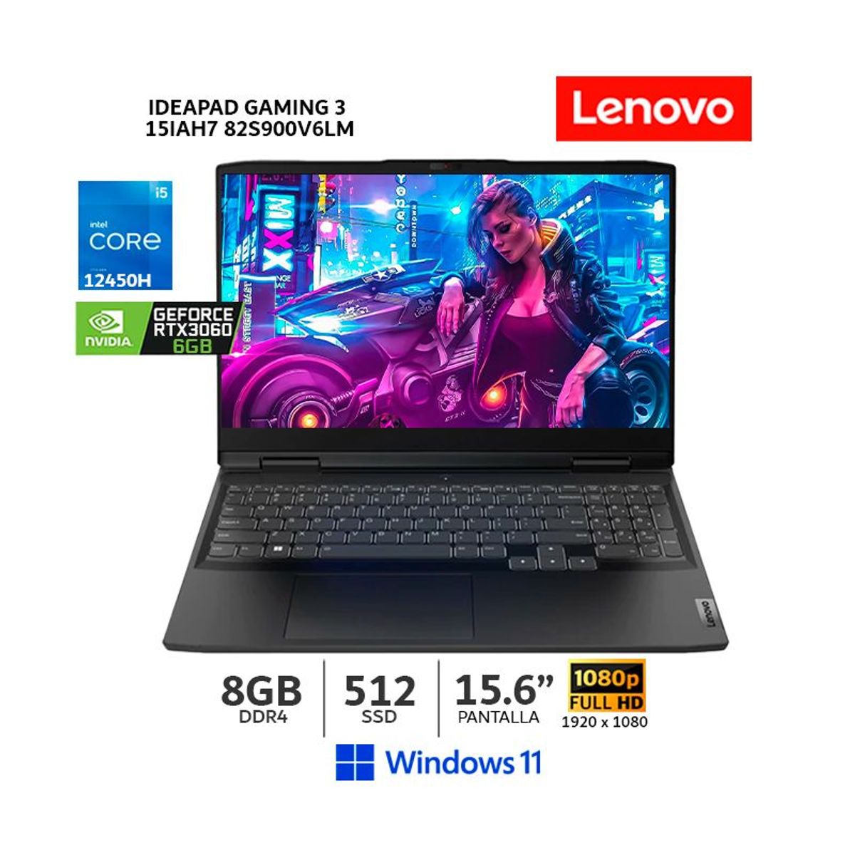 LENOVO - Laptop IdeaPad Gaming 3 15IAH7, i5-12450H, 512Gb SSD, 8Gb DDR4, 15.6" FHD, RTX 3060 - 82S900V6LM