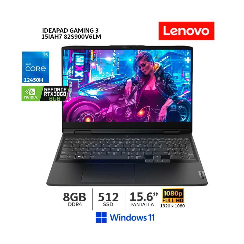 LENOVO - Laptop IdeaPad Gaming 3 15IAH7, i5-12450H, 512Gb SSD, 8Gb DDR4, 15.6" FHD, RTX 3060 - 82S900V6LM