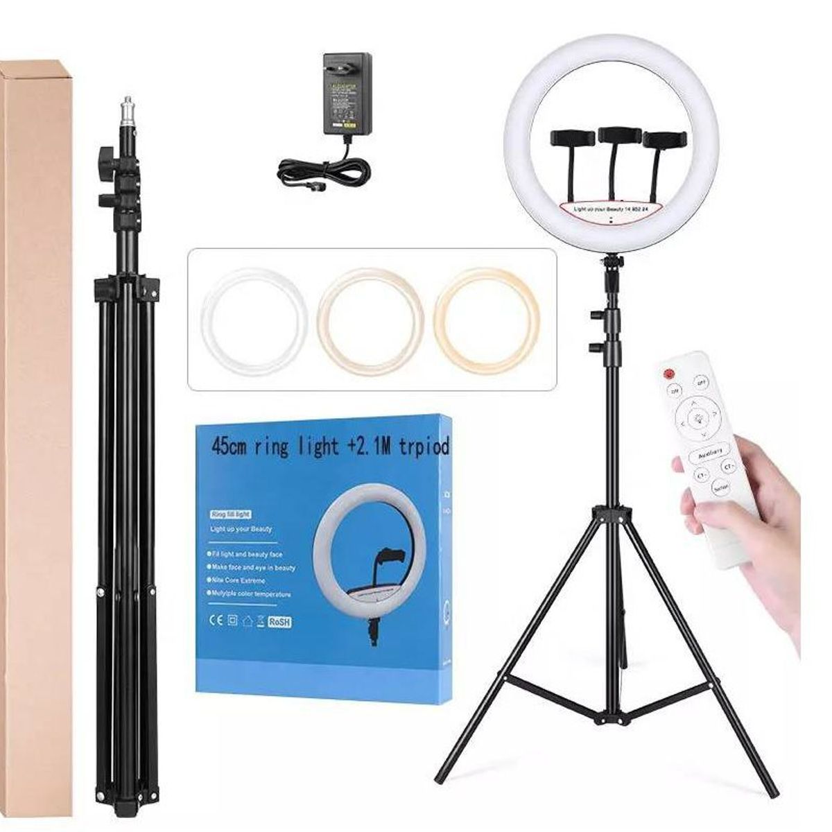 GENERICO - Aro Luz Led Touch 56 CM + Control + Tripode para 3 Celulares