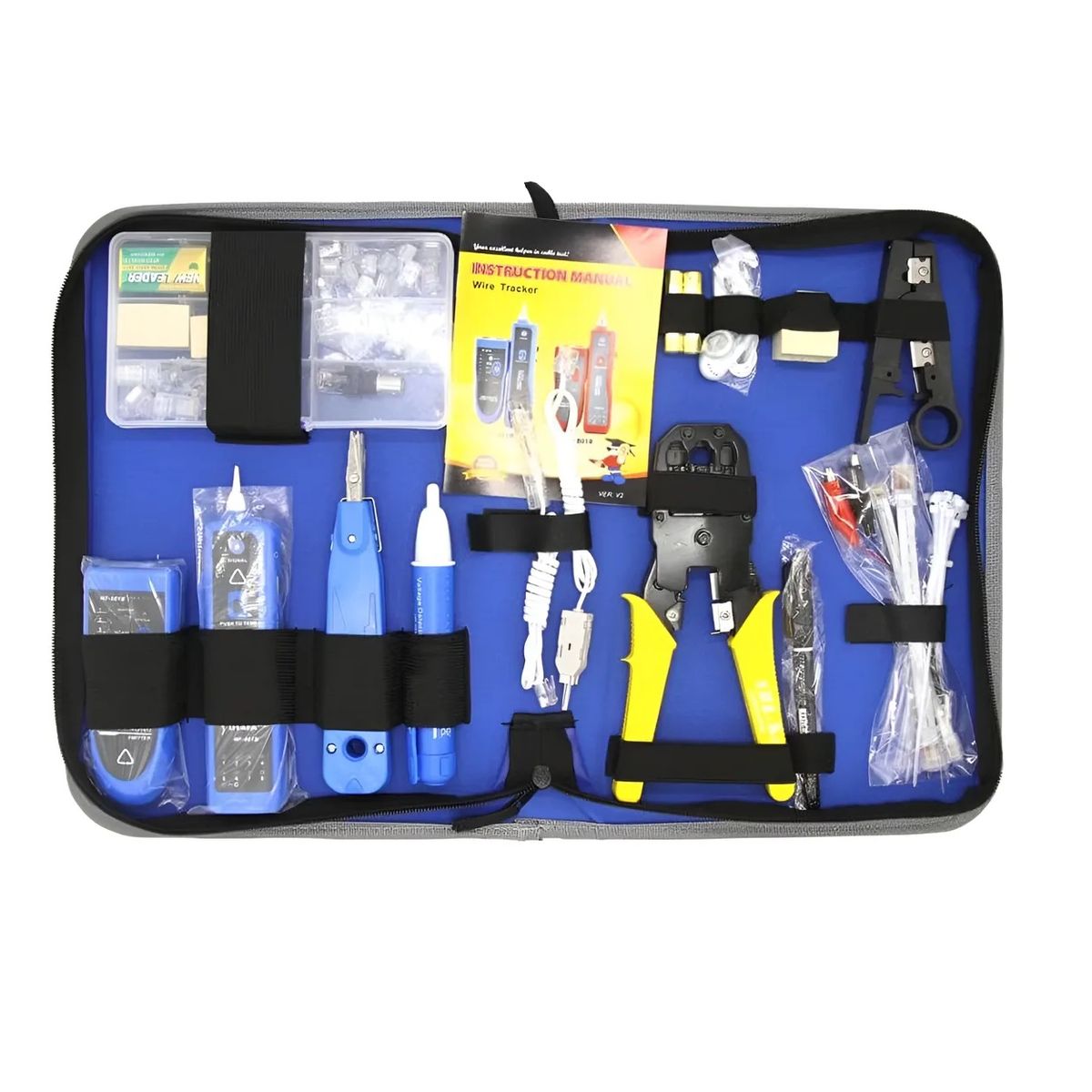 JPSYSTEMS - Kit Rastrea cable + Crimpeador + Testeador + Pelacable + Detector corriente + 15 RJ45 NF-1501