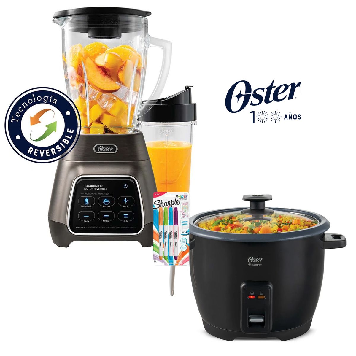 OSTER - Licuadora Reversible Oster Pantalla Táctil y Olla Arrocera 1.8 L Negra